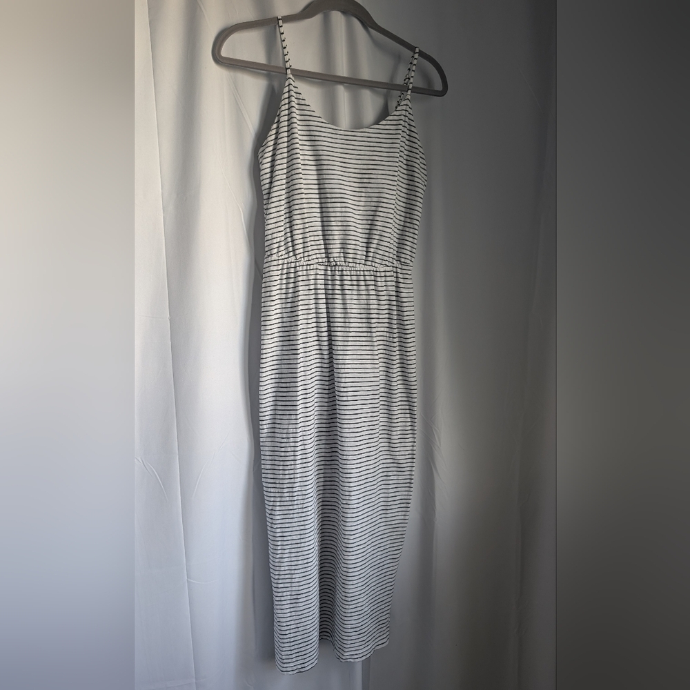 Old Navy Black and White Striped Midi Dress 100% Cotton Round Neck Size XS